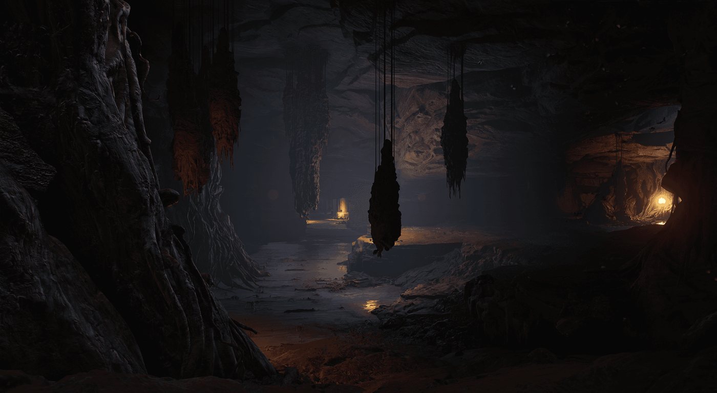 Cueva profunda de Pax Dei, con estalactitas y capullos colgando sobre un río subterráneo iluminado por antorchas