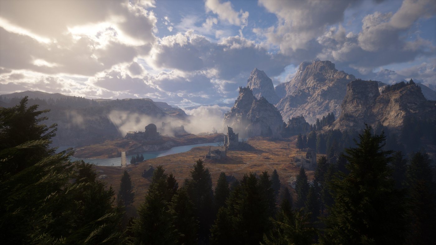 Vista panorámica de Lyonesse en Pax Dei: valle con niebla, ruinas de piedra, río y montañas al fondo