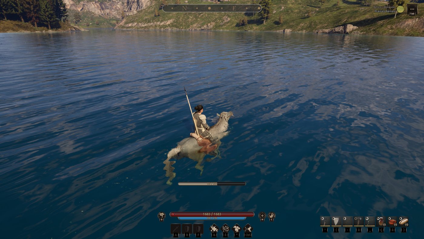 Personaje montado en un caballo gris que nada en un lago