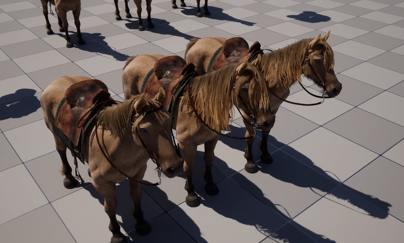 Tres caballos bayos ensillados, uno al lado del otro, en un escenario de pruebas con suelo ajedrezado