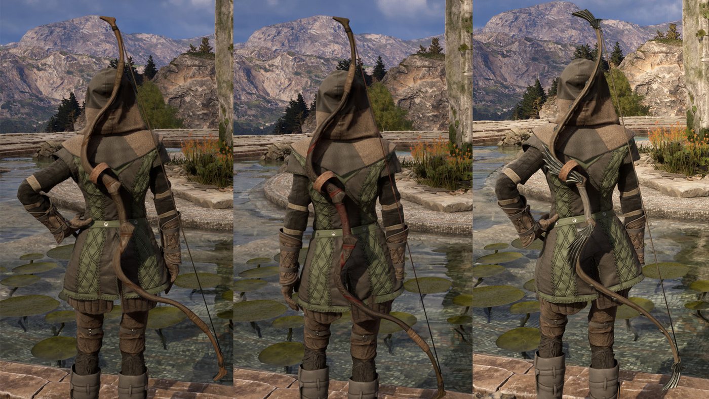 Três quadros lado a lado do mesmo personagem de costas, cada um com um arco recurvo diferente no ombro