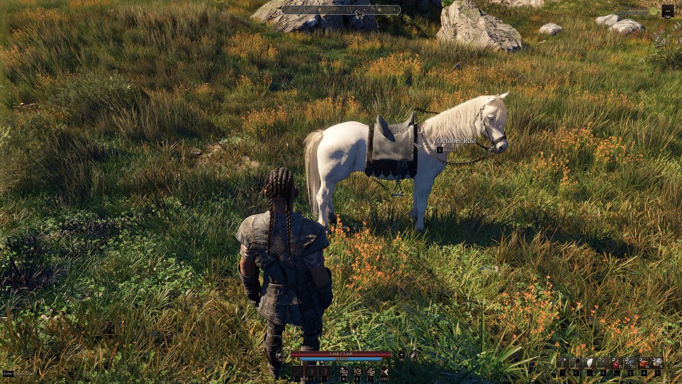 Personaje con trenzas, de espaldas, frente a un caballo blanco ensillado llamado October Rust, en un campo de hierba alta